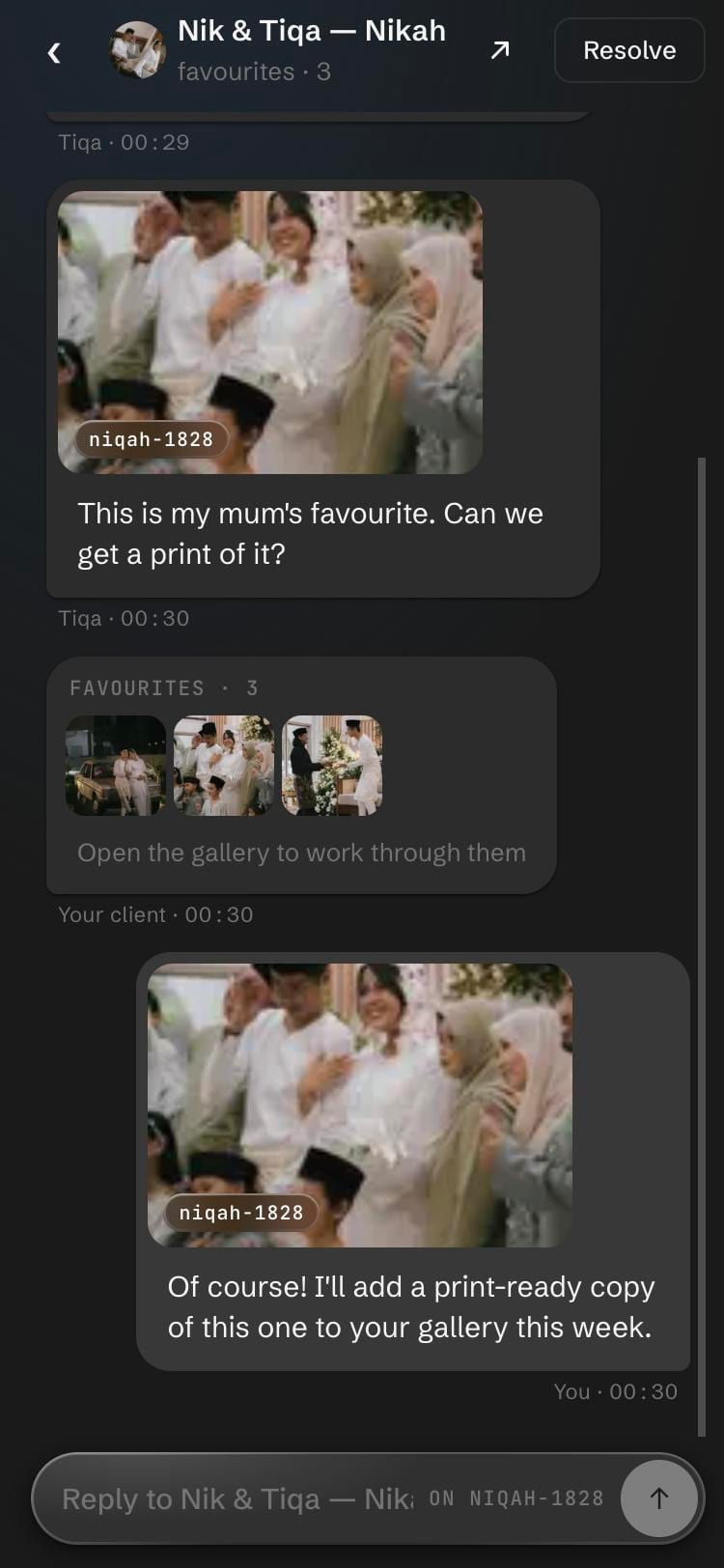 A client's comments on two wedding photos in the Gallorie studio on a phone, with her three favourites and the photographer's reply.