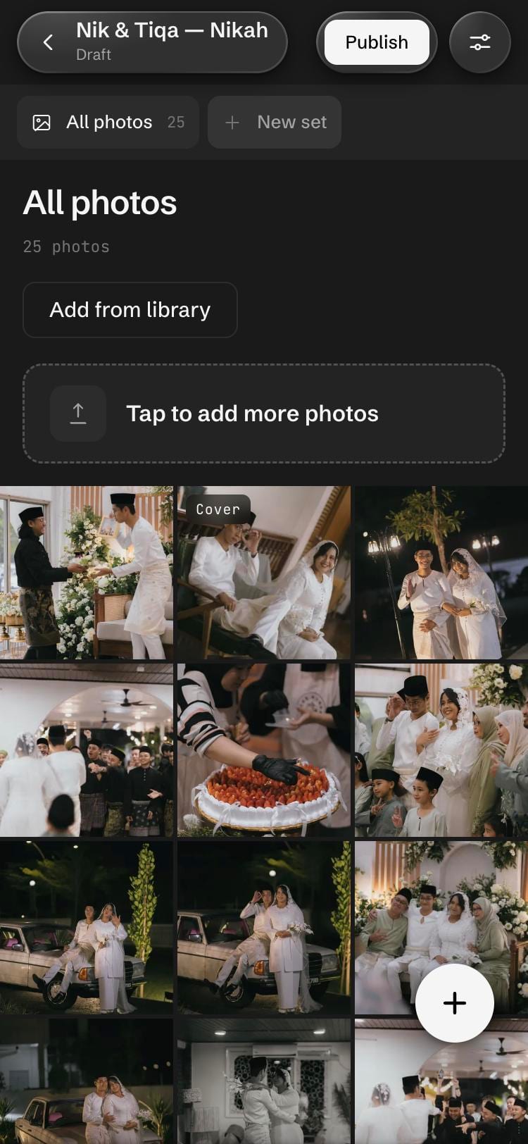 A wedding gallery's photos in the Gallorie studio on a phone, in a three-column grid with the cover marked and a Publish button.