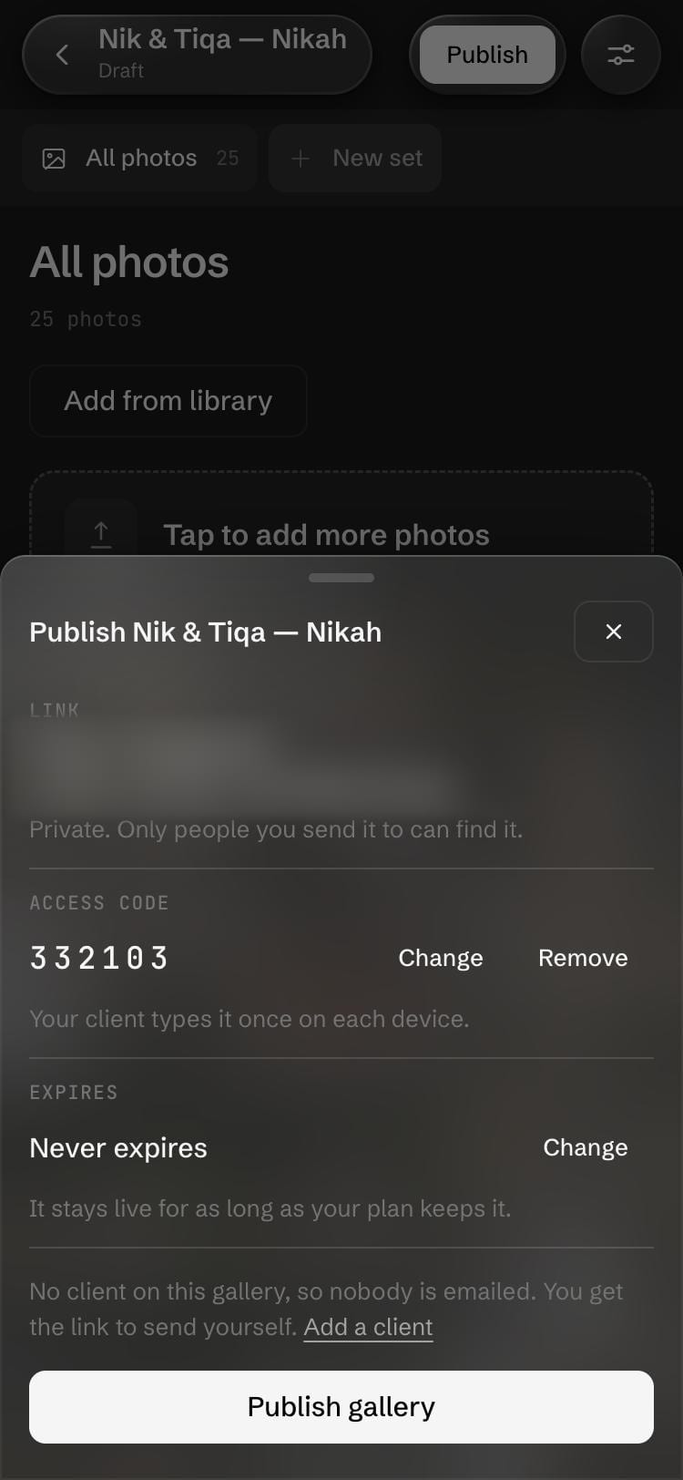 Publishing a gallery from a phone: the private link, a six-digit access code, and a note that nobody is emailed because the gallery has no client.