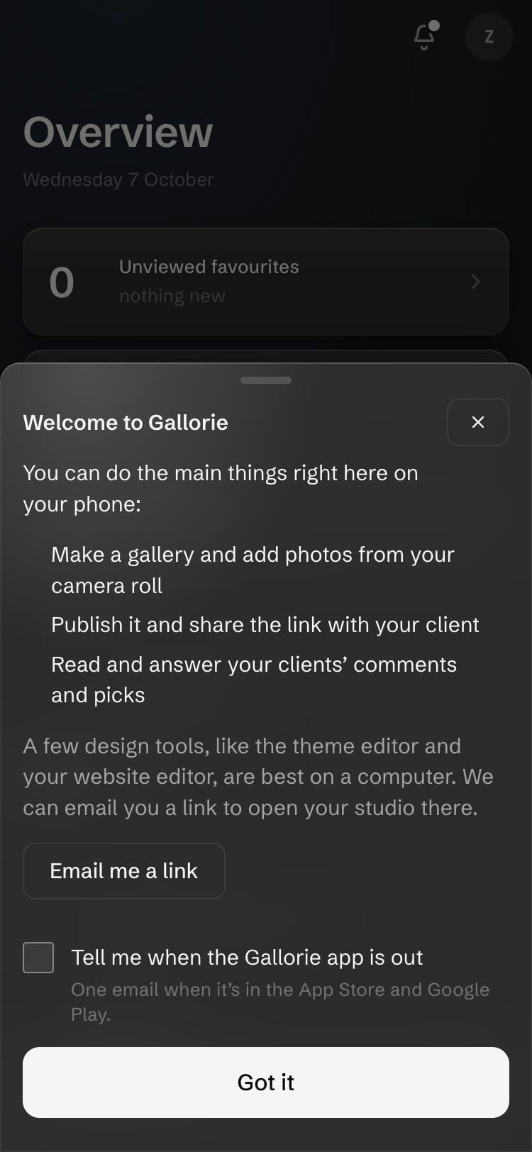 The Gallorie studio on a phone, welcoming a new photographer: make a gallery, publish and share it, and answer clients, with a box to hear when the Gallorie app is out.